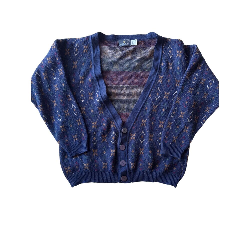 Vintage 60s Barclay Blue Argyle Acrylic Cardigan Mens M
